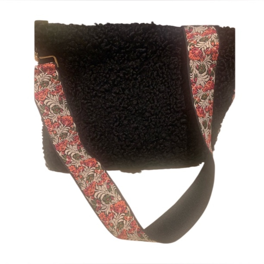 Vintage Lambs Wool Crossbody Purse Black Down Filled Hand-warmer Muff 1930-50’s